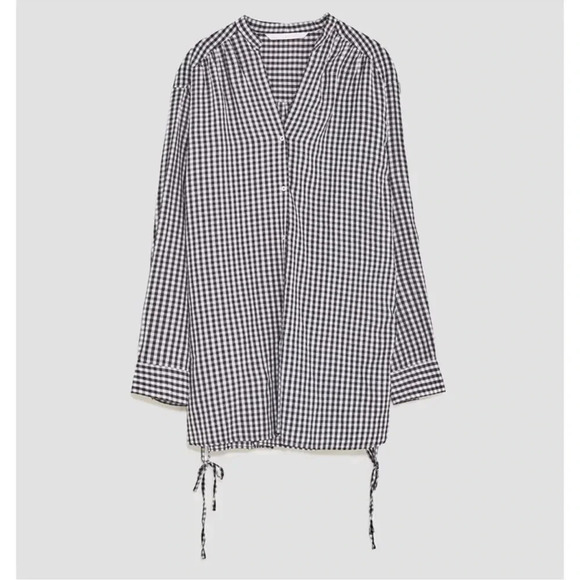 Zara gingham black and white long sleeve lace up sides button front shirt xs - Picture 1 of 9